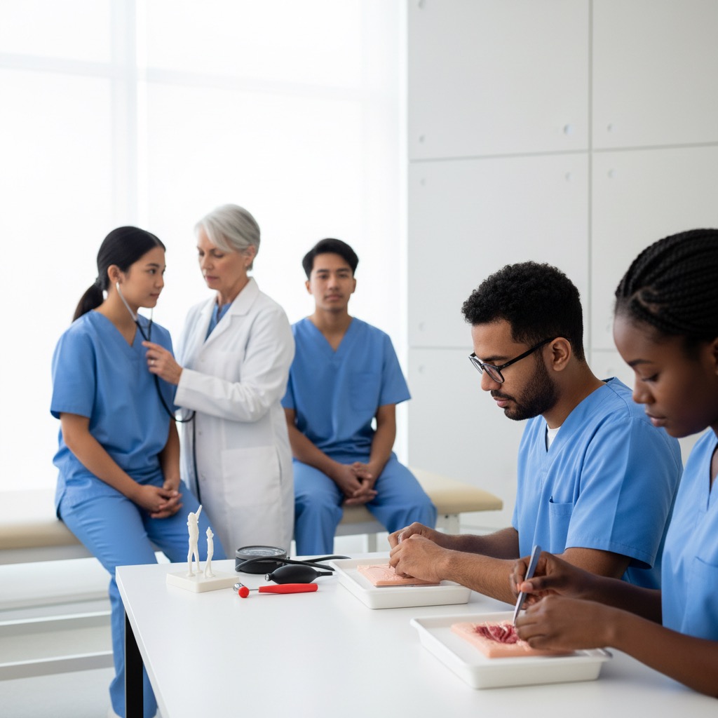 A medical instructor guides students in scrubs during a training session in a bright clinic.